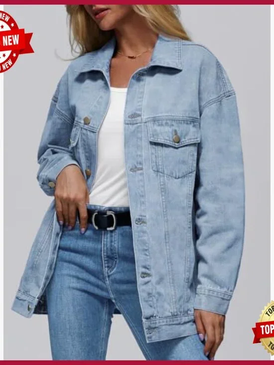 Oversized Denim Jacket, Boyfriend Fit, Cotton, Distressed Details, Chest Pockets - Picture 2 of 5